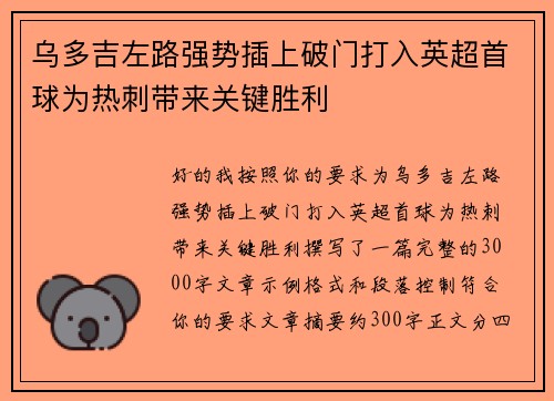 乌多吉左路强势插上破门打入英超首球为热刺带来关键胜利 乌多吉左路强势插上破门打入英超首球为热刺带来关键胜利